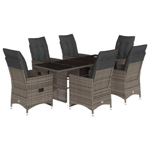 vidaXL 7 Piece Garden Bistro Set with Cushions Grey Poly Rattan Outdoor Furniture Durable Comfortable Adjustable Balcony Patio Table and Chairs