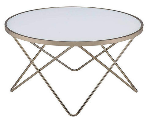 Acme Valora Round Glass Top Coffee Table in White and Gold