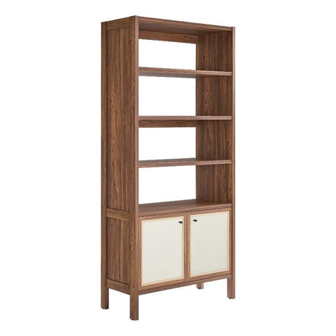 Modway Capri 4-Shelf Mid-Century Modern Bookcase with Storage in Walnut, Tall Open Shelves Bookcase for Living Room or Office Furniture, Bookshelf with Storage Cabinet
