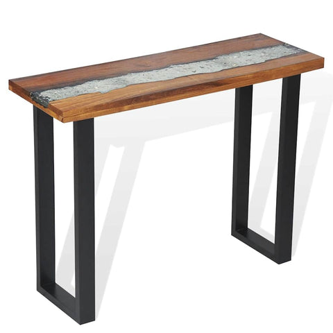 vidaXL Console Table with an Industrial Design - Teak Tabletop with Glass & Resin Inlay, Mahogany Legs, 39.4"x13.8"x29.5", Brown & Black
