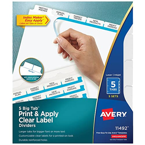 Print and Apply Index Maker Clear Label Dividers Big Tab 5-Tab White Tabs 11 x 8.5 White 5 Sets