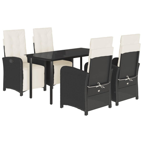 vidaXL Black Poly Rattan Patio Dining Set - 5-Piece Outdoor Furniture with Reclining Chairs, Tempered Glass Table, and Cream White Cushions