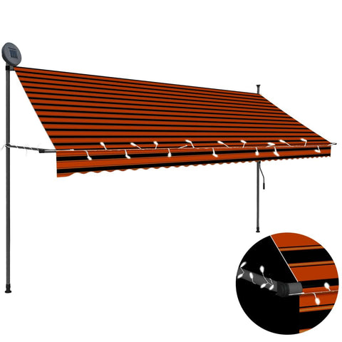 vidaXL Manual Retractable Awning with Solar-Powered LED - 137.8” Orange and Brown, Weather-Resistant Polyester with PU Coating and Steel Frame, Crank Adjustable, Easy Assembly