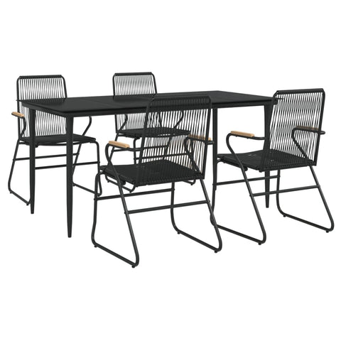 vidaXL Black 5-Piece Patio Dining Set, PVC Rattan Material, Powder-Coated Steel Frame, Tempered Glass Tabletop, Outdoor Garden Furniture with Comfortable Chairs