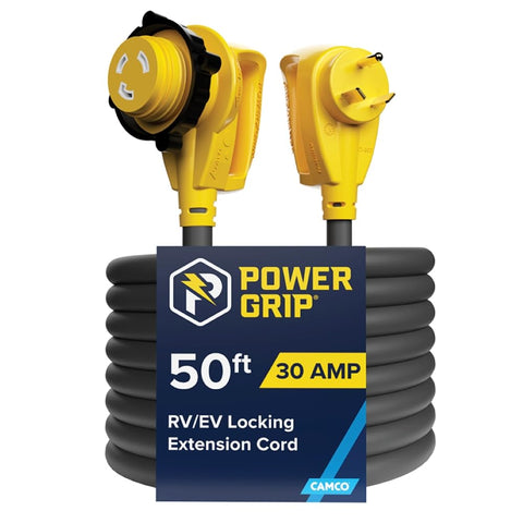 Camco Power Grip 50-Ft 30 Amp RV Extension Cord w/90° Locking End - Rated for 125V / 3,750W - Features Threaded Locking Ring for Weatherproof Connection & 10-Gauge Copper Wire (55525)