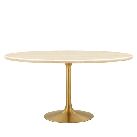 Modway Lippa 60” Oval Artificial Dining Table with Tapered, Metal Base, Gold Travertine
