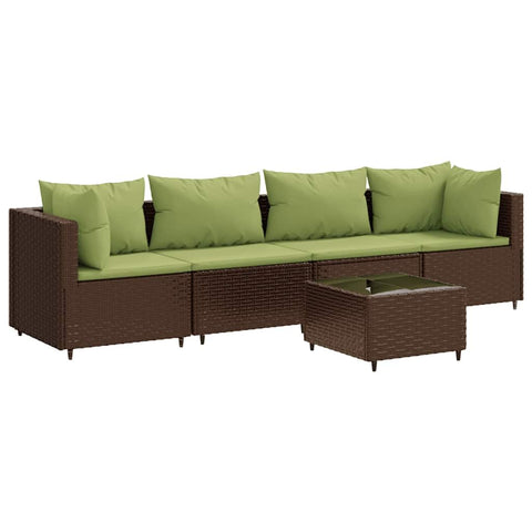 vidaXL 5-Piece Patio Lounge Set - Brown PE Rattan, Steel Frame, Green Cushions - Outdoor Furniture for Garden/Terrace/Deck with Tempered Glass Tabletop, Modular Design