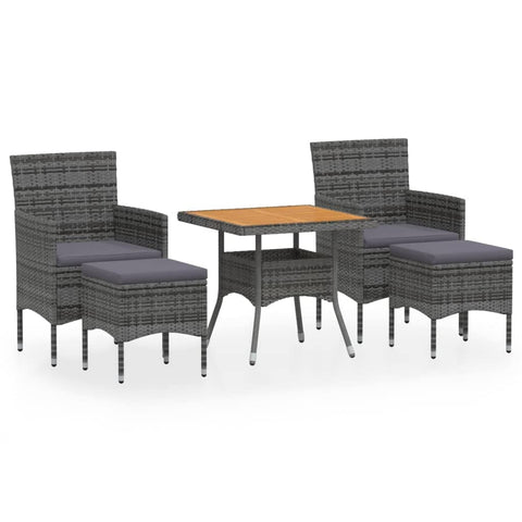 vidaXL 5 Piece Garden Dining Set Outdoor Furniture Grey Poly Rattan & Solid Acacia Wood Contemporary Design for 4 People Weather Resistant Square Patio Table and Chairs Chair Footstool Seater