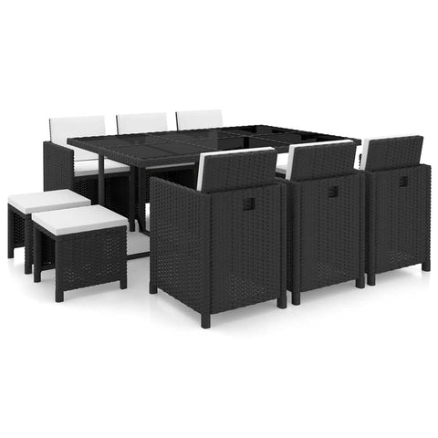 vidaXL Patio Furniture Set 11 Piece, Table and Chair for Garden Balcony Porch, Outdoor Dining Set with Cushions, Stool, Poly Rattan Black