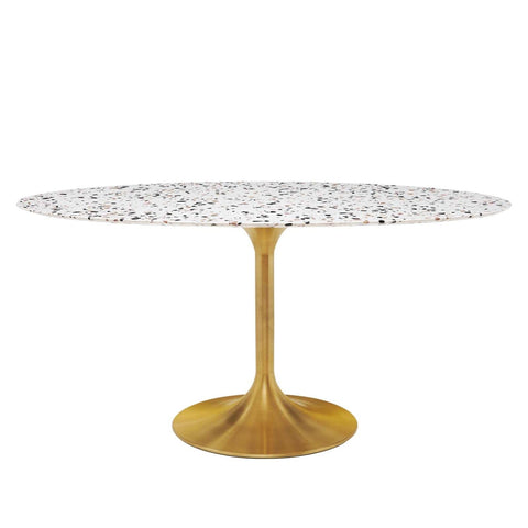 Modway Lippa 60" Oval Modern Terrazzo/Metal Dining Table in Gold/White