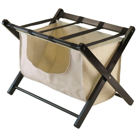 Oakestry Dora Luggage Rack With Fabric Basket Espresso Functional Luggage Rack With Convenient Storage Stylish Design for Guest Rooms Bedrooms or Hotels Easy to Assemble and Maintain Compact Design