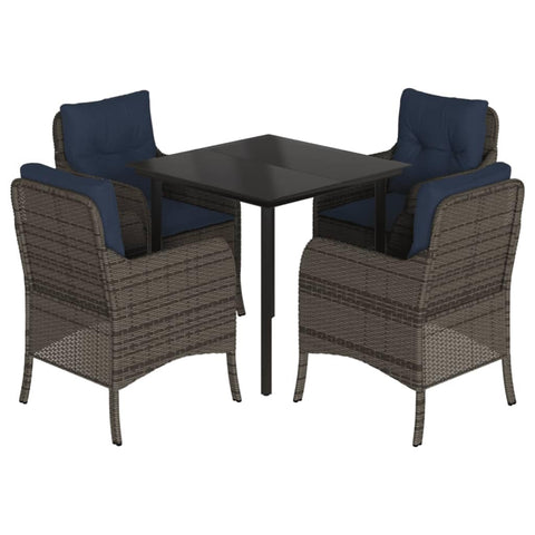 vidaXL Poly Rattan Patio Dining Set - 5 Piece Outdoor Furniture with Cushions, Tempered Glass Tabletop, Steel Frame - Gray/Navy Blue