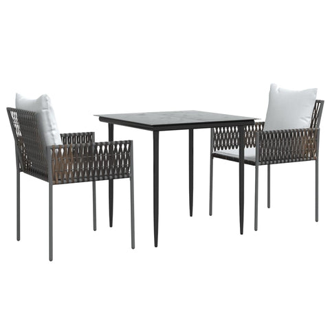 vidaXL Modern 3 Piece Patio Dining Set, Poly Rattan and Steel Frame, Brown Dining Chairs and Black Dining Table with Tempered Glass Top, 3187049