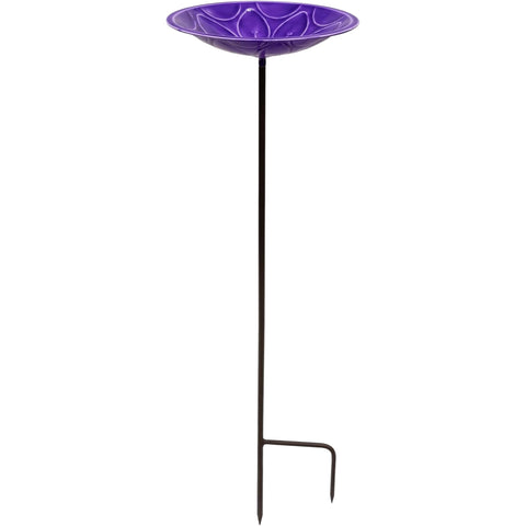 Lilac Purple Embossed Metal Birdbath with Garden Stake – Steel Bowl with UV-Resistant Epoxy Finish for Outdoor Gardens