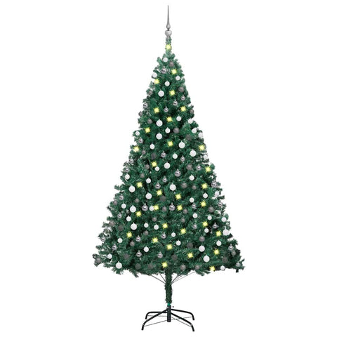 vidaXL Artificial Pre-lit Christmas Tree with Decorative Balls â€“ Green PVC Material, LED Lights, Extra Thick Branches, 94.5" Height, 49.2" Diameter, USB Connection - Perfect for Home Festive Decor...