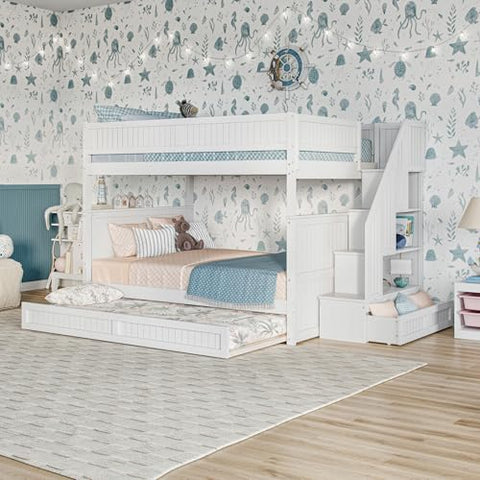 Dover Full over Full Staircase Bunk Bed with Storage Drawer and Twin Trundle in White
