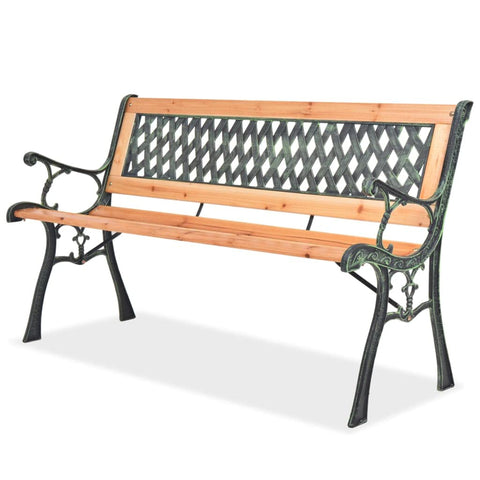 vidaXL Nostalgic Design Patio Bench with Decorative Backrest, Durable Wood and Wrought Iron Frame, Suitable for All Year Outdoor Use, Brown, Measures 48"x20"x28.7"