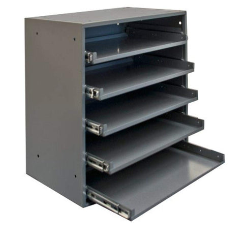 Slide Rack Heavy Duty Bearing Slides Holds 5 Large Compartment Boxes Gray