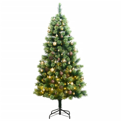 vidaXL Modern Artificial Christmas Tree 70.9" with 300 LEDs & Mixed Color Ball Set, Green-Gold, Indoor Festive Decoration, PVC Metal