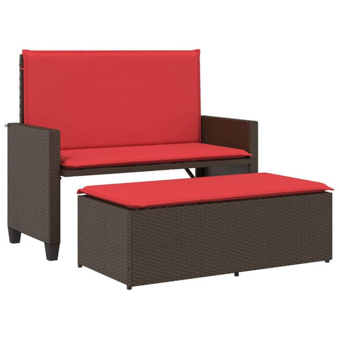 vidaXL Patio Bench with Cushions and Footstool, Garden Bench Seat, Outdoor Loveseat, Park Bench, Patio Furniture, Modern Style, Brown Poly Rattan