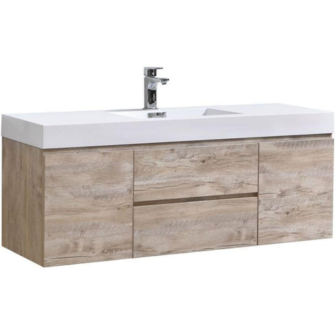 Oakestry Bliss 60 Inch Wall Mounted Bathroom Vanity Nature Wood Finish Modern Floating Cabinet with Integrated Single Ceramic Sink and Soft Close Drawers for Large Bathrooms