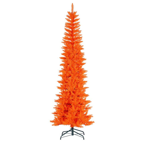 Vickerman 6.5' x 28" Orange Pencil Artificial Unlit Christmas Tree. It Measures 78 inches Tall, and 28 inches Wide, which is considered a Pencil Profile.