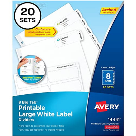 Big Tab Printable Large White Label Tab Dividers 8-Tab 11 x 8.5 White 20 Sets