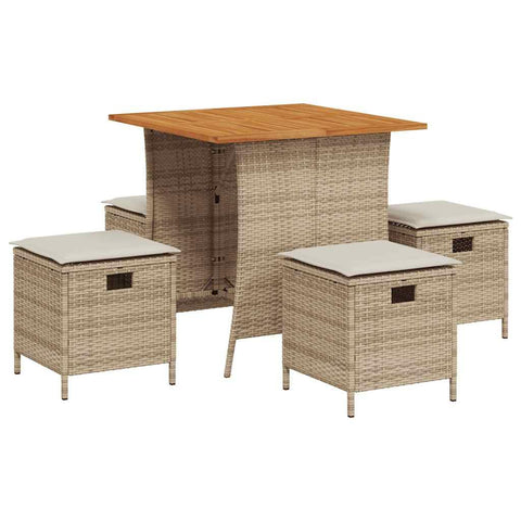 vidaXL 5-piece Patio Dining Set with Cushions - Beige Poly Rattan Dining Set for Garden, Patio, Backyard - Square Acacia Tabletop - Comfortable Cushioned Outdoor Chairs - Weather- Furniture