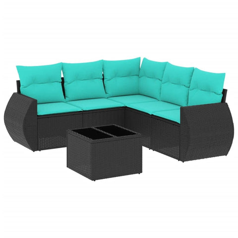 vidaXL Patio Sofa Set with Cushions 6 Piece, Sectional Sofa with Glass Table, Outdoor Conversation Set, Modern Style, Black Poly Rattan