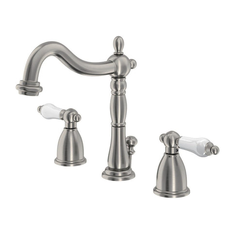Kingston Brass KB1978PL Heritage Widespread Lavatory Faucet with Porcelain Lever Handle, Brushed Nickel