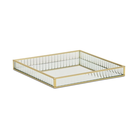 Veldra Gold Square Fluted Glass Tray - Small 9.75" - Square Glass Tray for Living Room, Elegant Gold Finish - by Cheungs