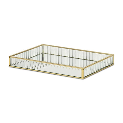 Veldra Gold Rectangular Fluted Glass Tray - Small 9.5" - Rectangular Glass Tray for Living Room, Elegant Gold Finish - by Cheungs