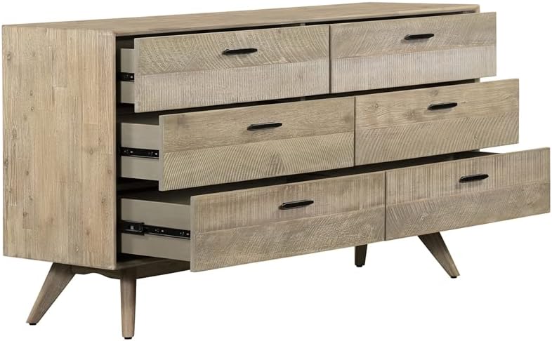 Armen Living Baly Acacia Mid-Century 6 Drawer Dresser, Gray Sandblast Summer/Black Handle