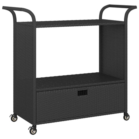 vidaXL Poly Rattan Black Bar Cart with Drawer, Weather-Resistant Garden Trolley, Versatile Space Saving Design, Easy to Assemble