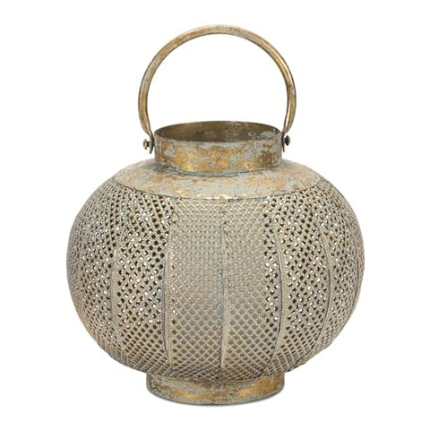 Melrose International Distressed Punched Metal Lantern - Copper Green Finish Indoor Candle Holder Decor 8.5 Inch