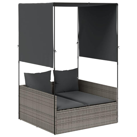 vidaXL Double Sun Lounger with Roof and Curtains Grey Poly Rattan Outdoor Lounge Bed for 2 Weather Resistant Modern Design Cushions Adjustable Height Perfect for Gardens and Balconies