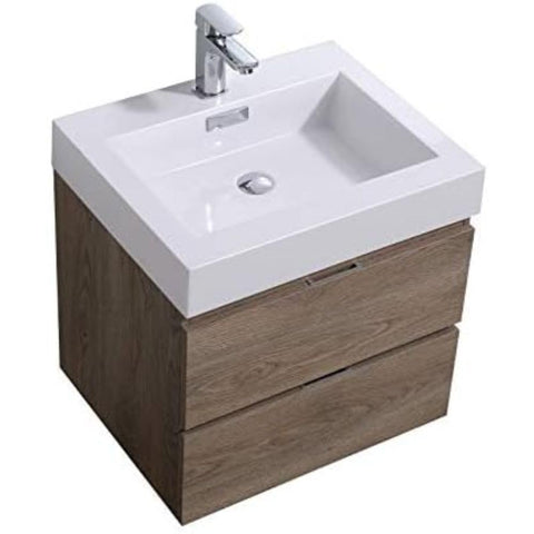 Oakestry Bliss 24 Inch Wall Mounted Bathroom Vanity Butternut Wood Finish Modern Floating Cabinet with Integrated Sink and Soft Close Storage for Small and Medium Spaces