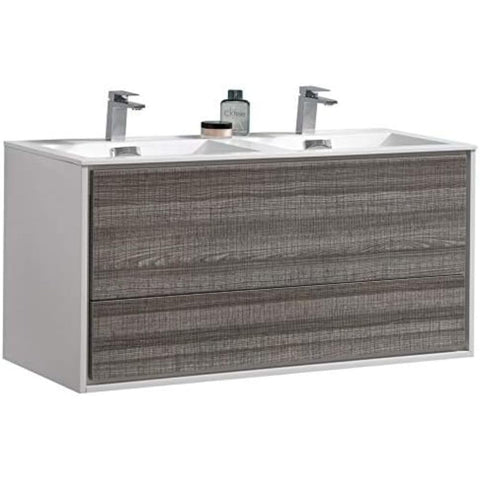 Oakestry Delusso 48-Inch Double Sink Ash Gray Wall Mount Modern Bathroom Vanity with Integrated Acrylic Sink and Soft Close Drawer