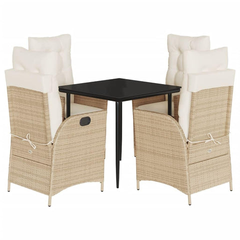 vidaXL 5 Piece Patio Dining Set with Cushions - Beige Poly Rattan Reclining Chairs & Tempered Glass Table - Outdoor Garden & Backyard Furniture