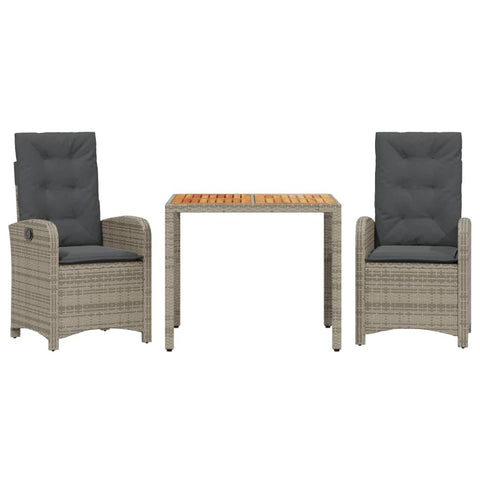 vidaXL 3 Piece Patio Dining Set - Reclining Chairs, Cushions, Glass Table, Gray Poly Rattan - Garden/Backyard/Patio Furniture