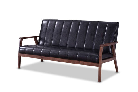 Baxton Furniture Studios Nikko Mid-Century Modern Scandinavian Style Faux Leather Wooden 3 Seater Sofa, Black