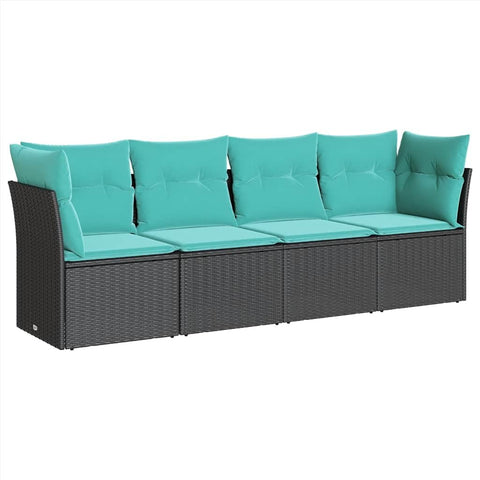vidaXL Patio Sofa Set - Outdoor 4 Piece Black Poly Rattan with Blue Cushions - Modular Garden/Lounge Furniture for Backyard, Terrace, Deck - PE Rattan and Steel Frame