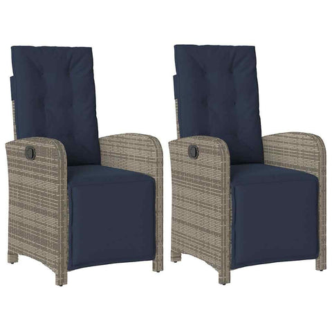 vidaXL Reclining Patio Chairs 2 pcs - Gray Poly Rattan with Navy Blue Cushions, Adjustable Backrest/Footrest, Powder-Coated Steel Frame