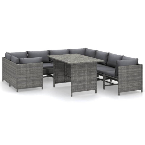 vidaXL 9 Piece Patio Lounge Set with Cushions - Farmhouse Style Poly Rattan Garden Furniture Set with Dining Table in Gray - Modular Outdoor Seating Arrangement
