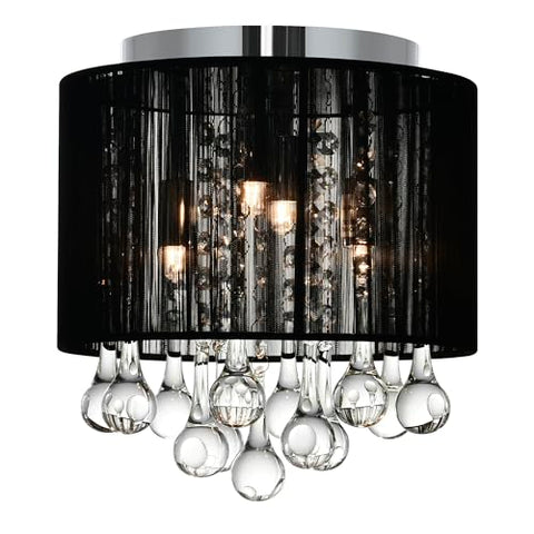 Water Drop 4 Light 10in Flush Mount Chrome Frame & Black Shade with Crystal Drops