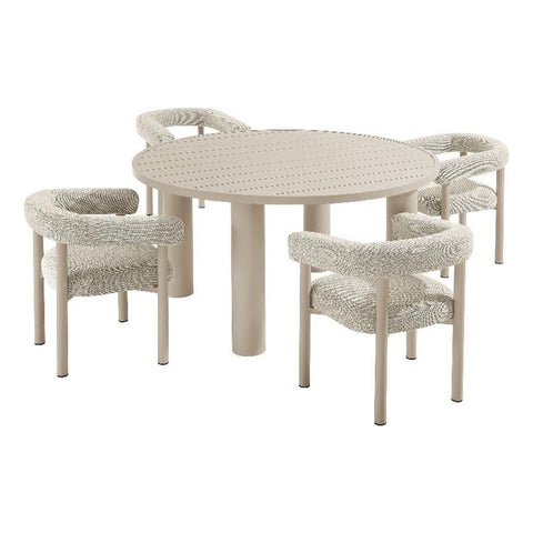 Modway Nautica 5-Piece Outdoor Round Dining Set in Ivory Taupe – Aluminum Patio Table and Chairs for 4 – Deck Table and Chairs - Small Outdoor Dining Set with Upholstered Curved Back Armchairs