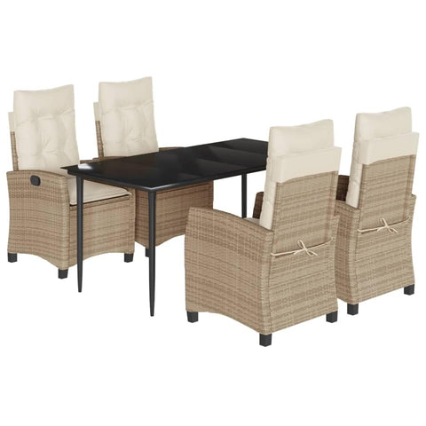 vidaXL - 5 Piece Patio Dining Set - Beige Poly Rattan - Adjustable Reclining Chairs - Cushions Included - Outdoor Garden Furniture - Tempered Glass Top Table