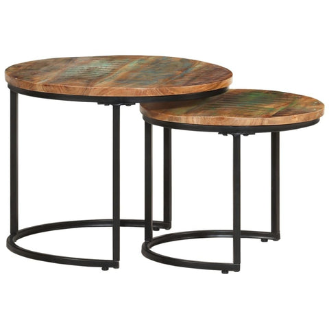 vidaXL Rustic Round Nesting Tables Set of 2 Solid Reclaimed Wood Stacking Multicolor with Powder Coated Iron Frame Ideal for Living Room and Bedroom Indoor Use Wooden Table Coffee Couch Accent