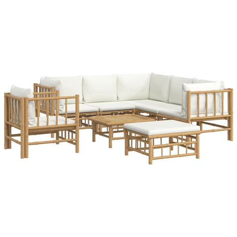 vidaXL 8-Piece Bamboo Outdoor Patio Lounge Set with Cream White Cushions - Backrest, Armrest, and Cushions Included, Ideal for Garden, Deck