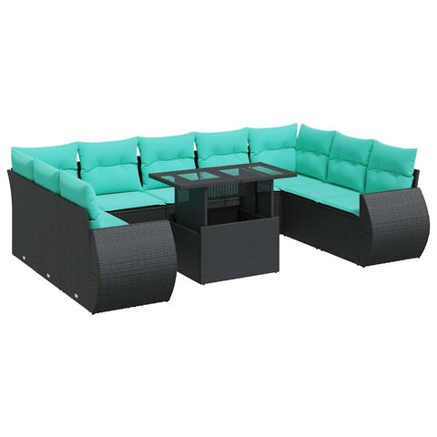 vidaXL 10 Piece Patio Sofa Set with Cushions Black Poly Rattan Acacia, Garden Sofa Set, Garden Lounge Set, Poly Rattan Sofa Set, Outdoor Sofa Set